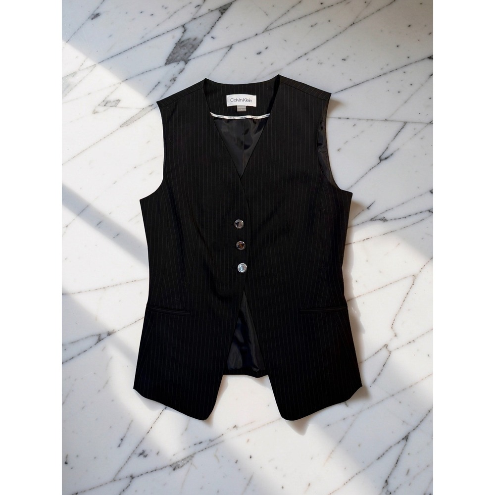 Calvin Klein Womens Black Pinstripe 3 Button Suit Vest Size 4